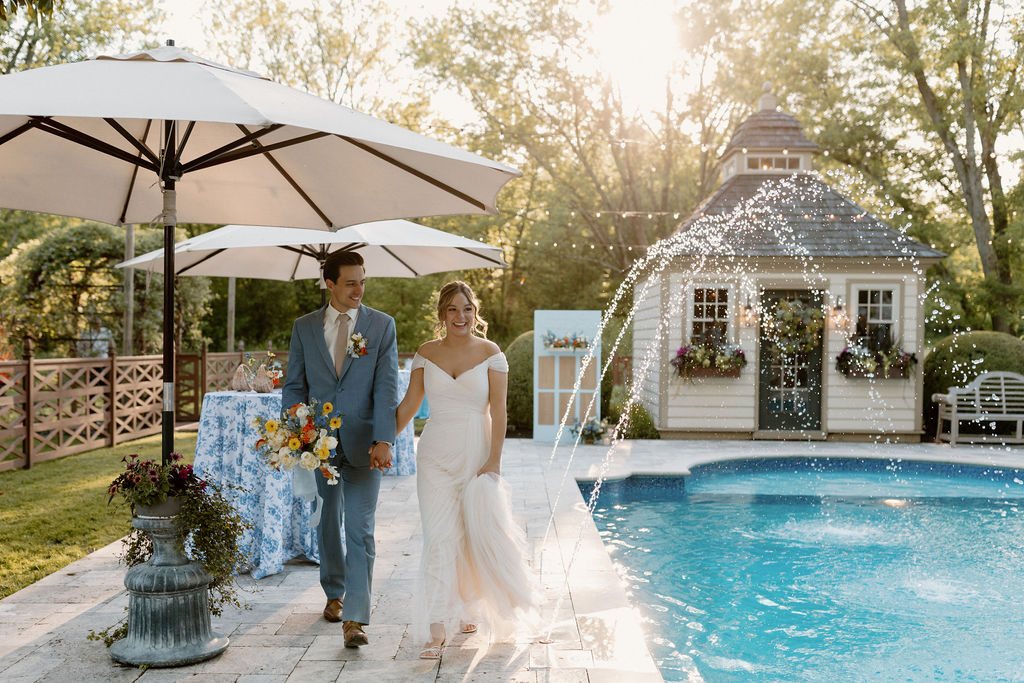 bride and groom waterside portrait